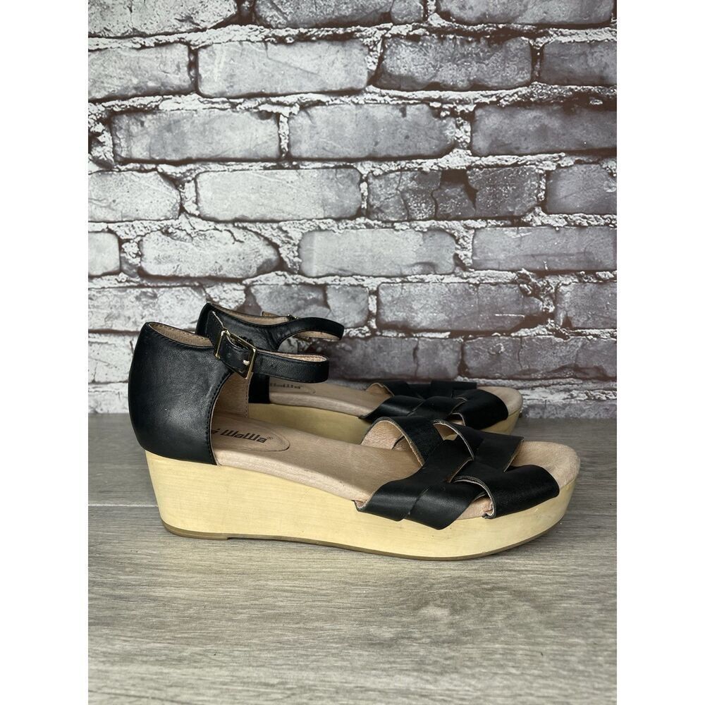 Gee WaWa Black Leather Strappy Ankle Strap Wedge Sandals Women’s Sz 9M US/40EU